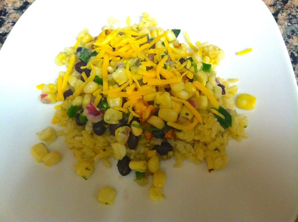 Chipolte Inspired Burrito Bowl with corn salsa, cilantro lime rice and steak or sofritas