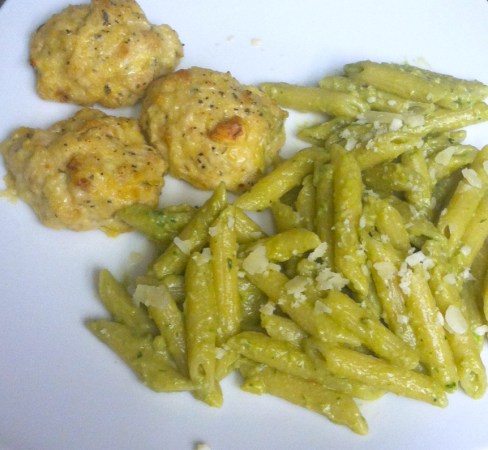 Avocado Pesto Pasta with Steal the Show Cheesy Chicken Meatballs
